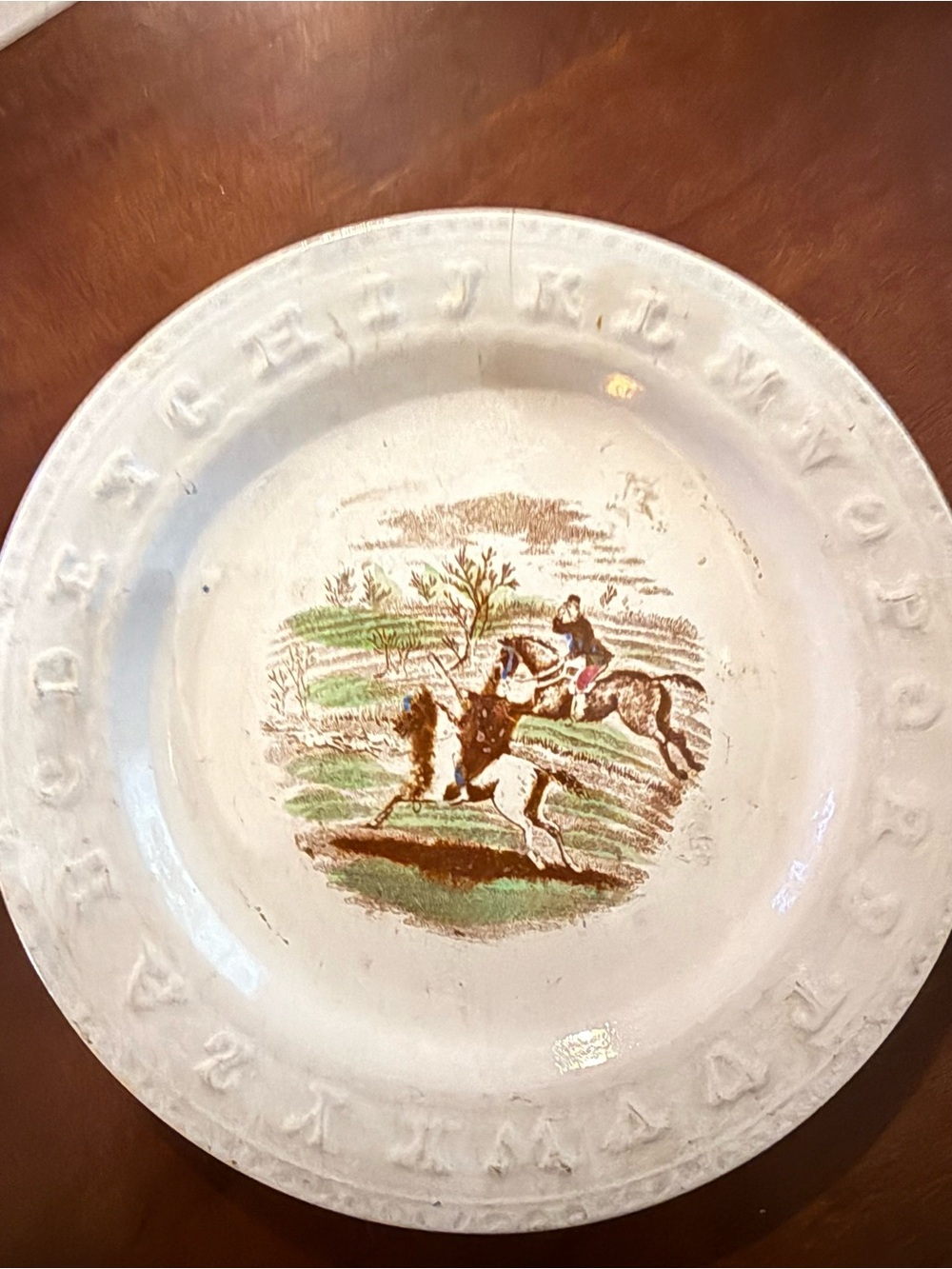 White Ceramic Alphabet Child’s Plate with Equestrian Scene